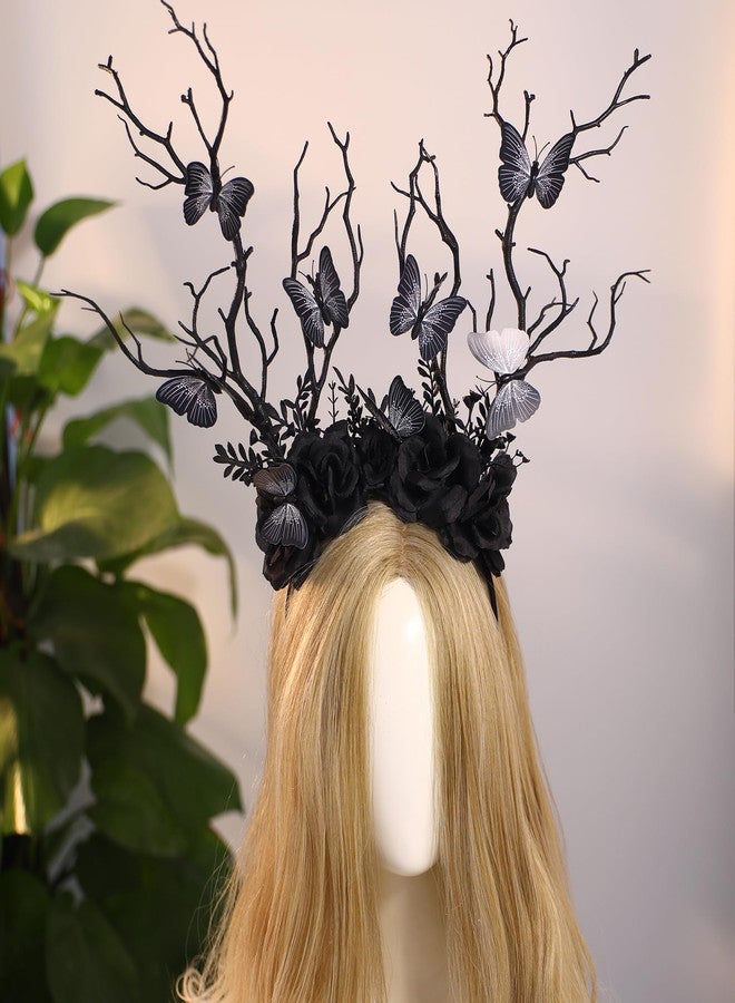 MOSTORY Black Butterfly Branch Headband - Handmade Dark Woodland Hairband Gothic Forest Tree Crown for Women Girls Cosplay Renaissance Mardi Gras Carnival Photo Props - Image 2